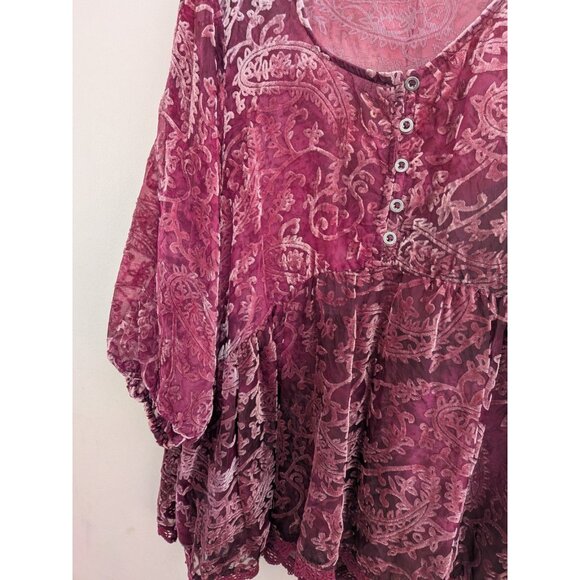 Knox Rose Velvet Burnout Top XL Burgundy Paisley Sheer Whimsigoth Boho Grunge - Picture 3 of 7